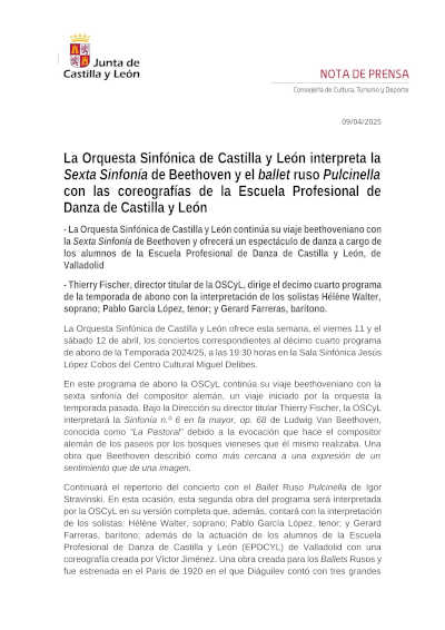 La Orquesta Sinfónica de Castilla y León ofrece un programa con la Sexta Sinfonía de Beethoven y el ballet ruso *Pulcinella* de Stravinski.