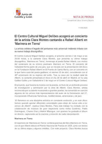 El Centro Cultural Miguel Delibes acogerá el concierto *Marinera en Tierra*, con Clara Montes cantando a Rafael Alberti en una propuesta musical única.