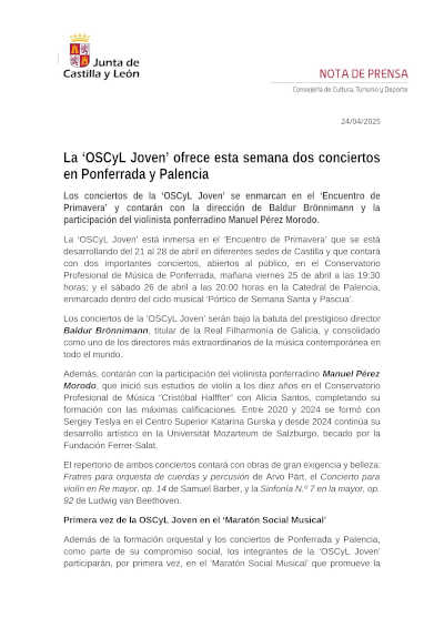 La «OSCyL Joven» ofrece esta semana dos conciertos en Ponferrada y Palencia