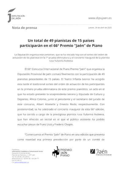 Un total de 49 pianistas de 15 países participarán en el 66º Premio “Jaén” de Piano