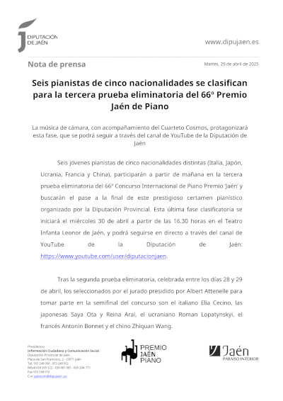 Seis pianistas de cinco nacionalidades se clasifican para la tercera prueba eliminatoria del 66º Premio Jaén de Piano