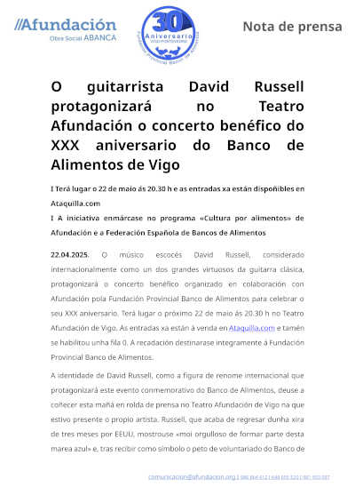 David Russell protagonizará en el Teatro Afundación el concierto benéfico del XXX aniversario del Banco de Alimentos de Vigo