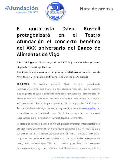 David Russell protagonizará en el Teatro Afundación el concierto benéfico del XXX aniversario del Banco de Alimentos de Vigo