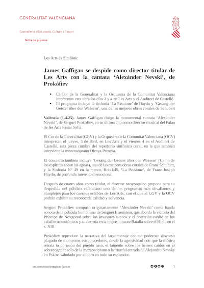 James Gaffigan se despide como director titular de Les Arts con la cantata *Alexánder Nevski* de Prokófiev, en un cierre musical de gran relevancia.