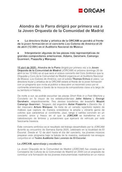 La reconocida directora Alondra de la Parra debutará con la Joven Orquesta de la Comunidad de Madrid en un esperado encuentro musical.
