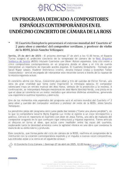 Un programa dedicado a compositores españoles contemporáneos en el undécimo Concierto de Cámara de la ROSS Un programa dedicado a compositores españoles contemporáneos en el undécimo Concierto de Cámara de la ROSS