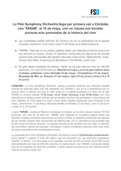 La Film Symphony Orchestra llega por primera vez a Córdoba con «TARAB»
