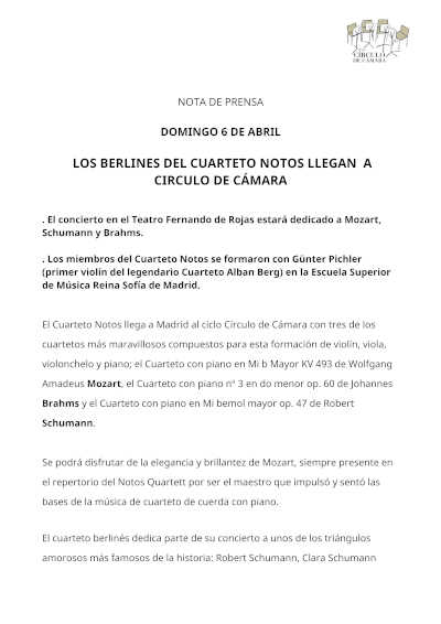 El Cuarteto Notos, prestigiosa agrupación berlinesa, se presenta en Círculo de Cámara con un repertorio de excelencia en música de cámara.