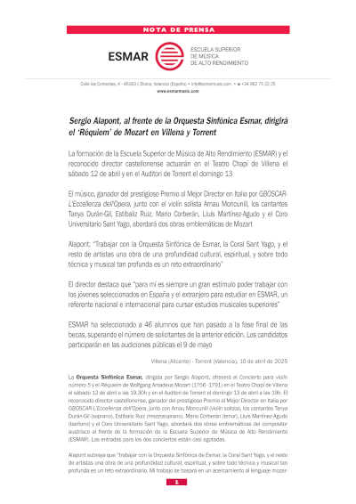 El maestro Sergio Alapont dirigirá el “Réquiem” de Mozart con la Orquesta Sinfónica Esmar en las ciudades de Villena y Torrent.