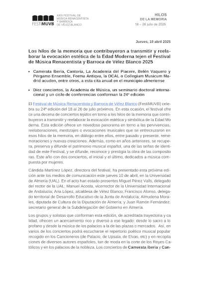 Presentación XXIV edición Festival de Música Renacentista y Barroca de Vélez Blanco 2025