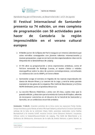 El Festival Internacional de Santander celebra su 74 edición con 50 actividades culturales, consolidándose como cita clave del verano en Cantabria.