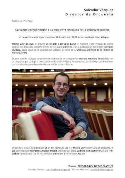 El maestro Salvador Vázquez dirige a la Orquesta Sinfónica de la Región de Murcia en un programa que destaca por su calidad artística y musical. El maestro Salvador Vázquez dirige a la Orquesta Sinfónica de la Región de Murcia en un programa que destaca por su calidad artística y musical.