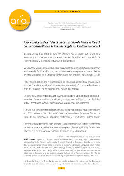 ARIA classics lanza *Tides of Dance*, nuevo álbum de Franziska Pietsch junto a la Orquesta Ciudad de Granada, con obras de gran fuerza expresiva.