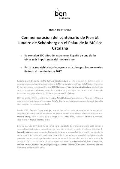 Conmemoración del centenario de Pierrot Lunaire de Schönberg en el Palau de la Música Catalana