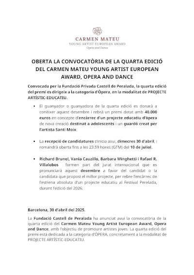 Abierta la convocatoria de la IV Edición del Carmen Mateu Young Artist European Award