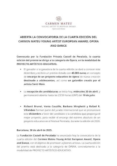 Abierta la convocatoria de la IV Edición del Carmen Mateu Young Artist European Award