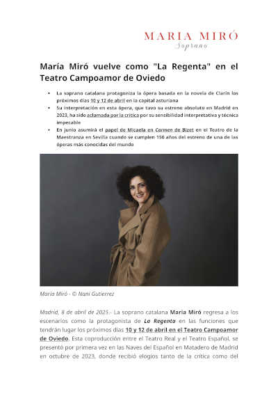 La actriz María Miró regresa al Teatro Campoamor de Oviedo como protagonista de *La Regenta*, en una destacada producción escénica de gran relevancia cultural.
