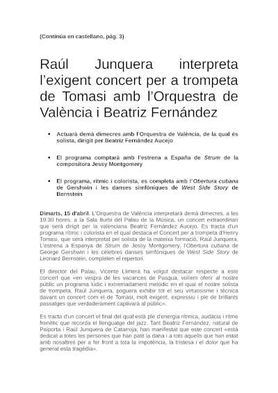 Raúl Junquera interpreta el concierto para trompeta de Tomasi junto a la Orquesta de València y Beatriz Fernández, en una exigente propuesta musical. Raúl Junquera interpreta el concierto para trompeta de Tomasi junto a la Orquesta de València y Beatriz Fernández, en una exigente propuesta musical.
