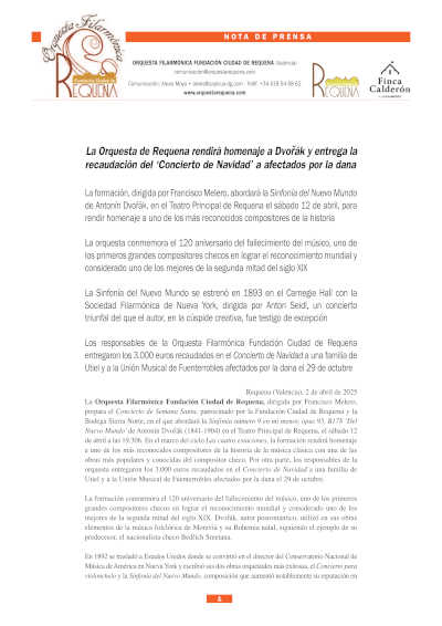 La Orquesta de Requena homenajea a Dvořák y destina la recaudación del Concierto de Navidad a los afectados por la DANA, en un gesto solidario y cultural.