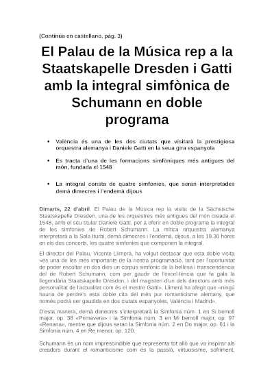 El Palau de la Música recibe a la Staatskapelle Dresden y Gatti con la integral sinfónica de Schumann en doble programa El Palau de la Música recibe a la Staatskapelle Dresden y Gatti con la integral sinfónica de Schumann en doble programa
