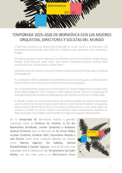 Temporada 2025-2026 de Ibermúsica con las mejores orquesta, directores y solistas del mundo