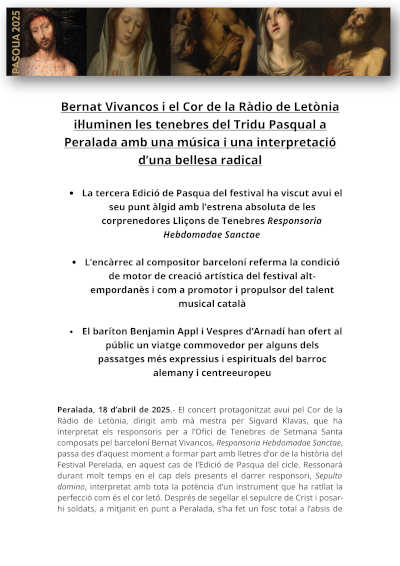 Bernat Vivancos y el Coro de la Radio de Letonia iluminan las tinieblas del Triduo Pascual en Peralada