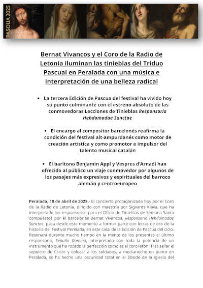 Bernat Vivancos y el Coro de la Radio de Letonia iluminan las tinieblas del Triduo Pascual en Peralada
