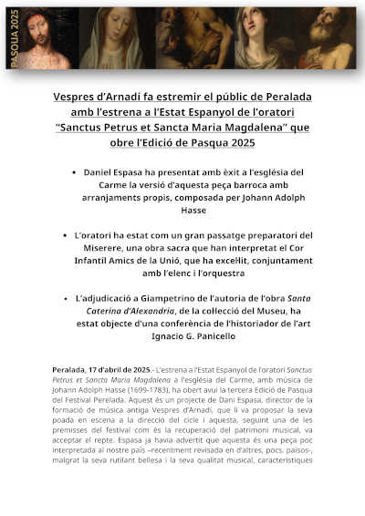 Vespres d’Arnadí en Peralada con el estreno en España del oratorio Sanctus Petrus et Sancta Maria Magdalena