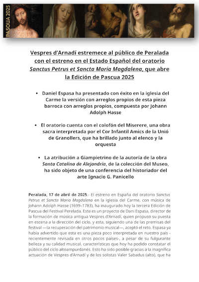 Vespres d’Arnadí en Peralada con el estreno en España del oratorio Sanctus Petrus et Sancta Maria Magdalena