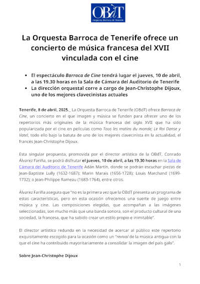 La Orquesta Barroca de Tenerife presenta un concierto único con música francesa del siglo XVII, explorando conexiones sorprendentes con el cine actual. La Orquesta Barroca de Tenerife presenta un concierto único con música francesa del siglo XVII, explorando conexiones sorprendentes con el cine actual.