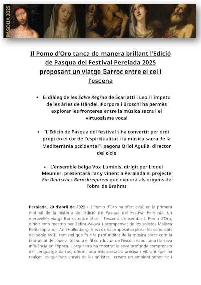 Il Pomo d’Oro cierra la Edición de Pascua del Festival Perelada 2025 proponiendo un viaje Barroco entre el cielo y la escena Il Pomo d’Oro cierra la Edición de Pascua del Festival Perelada 2025 proponiendo un viaje Barroco entre el cielo y la escena
