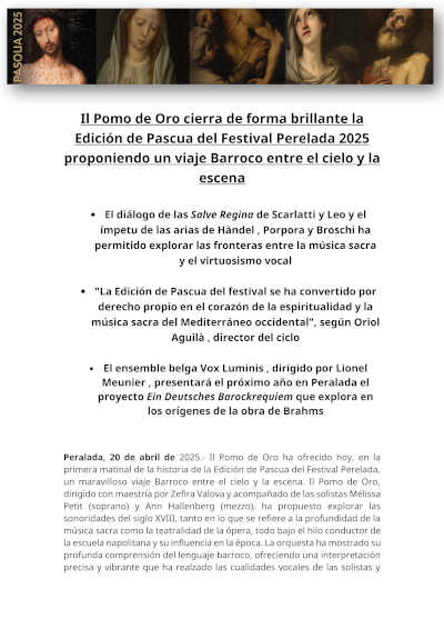 Il Pomo d’Oro cierra la Edición de Pascua del Festival Perelada 2025 proponiendo un viaje Barroco entre el cielo y la escena Il Pomo d’Oro cierra la Edición de Pascua del Festival Perelada 2025 proponiendo un viaje Barroco entre el cielo y la escena