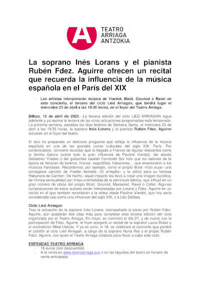 Inés Lorans y Rubén Fernández Aguirre interpretan un recital que evoca la influencia de la música española en el París del siglo XIX.