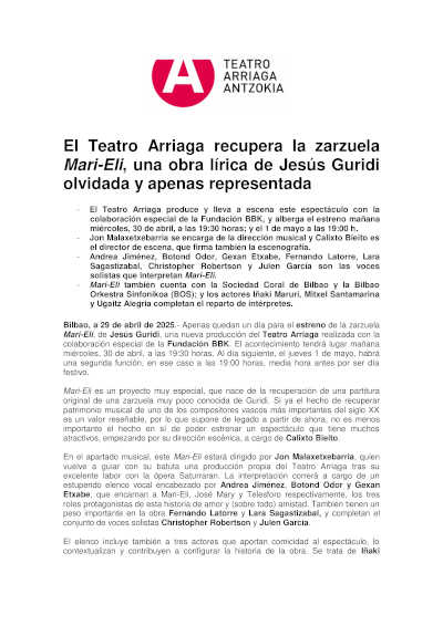 El Teatro Arriaga recupera la zarzuela Mari-Eli, una obra lírica de Jesús Guridi olvidada y apenas representada