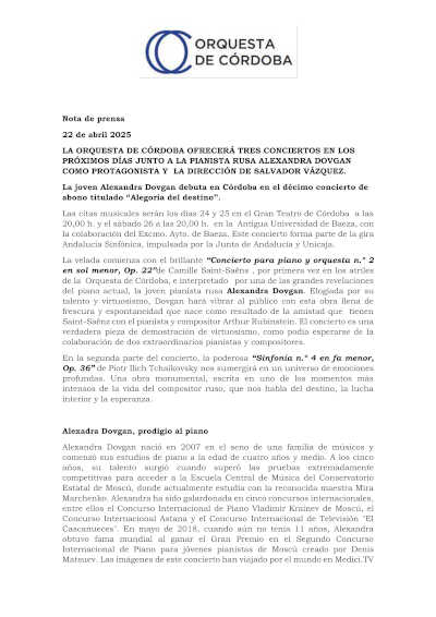 La Orquesta de Córdoba ofrecerá tres conciertos junto a la pianista Alexandra Dovgan y el maestro Salvador Vázquez
