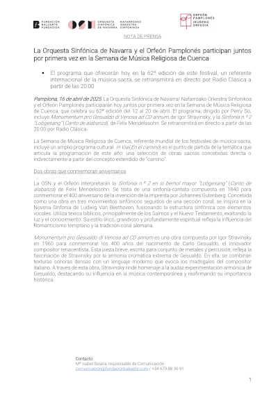 La Orquesta Sinfónica de Navarra y el Orfeón Pamplonés debutan en Cuenca; Raúl Junquera y Beatriz Fernández actúan con la Orquesta de València.