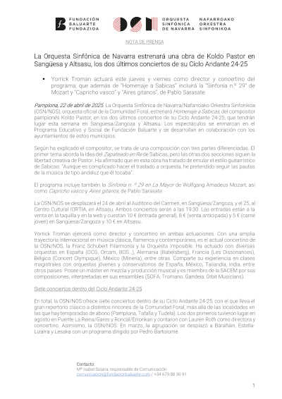 La Orquesta Sinfónica de Navarra estrenará una obra de Koldo Pastor en Sangüesa y Altsasu