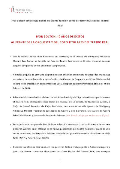 El maestro Ivor Bolton se despide como director musical del Teatro Real de Madrid tras una destacada trayectoria al frente de la institución.