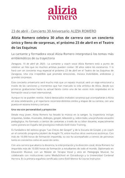 Alizia Romero conmemora 30 años de trayectoria con un concierto exclusivo y sorpresas en el Teatro de las Esquinas. Un homenaje a su carrera artística.