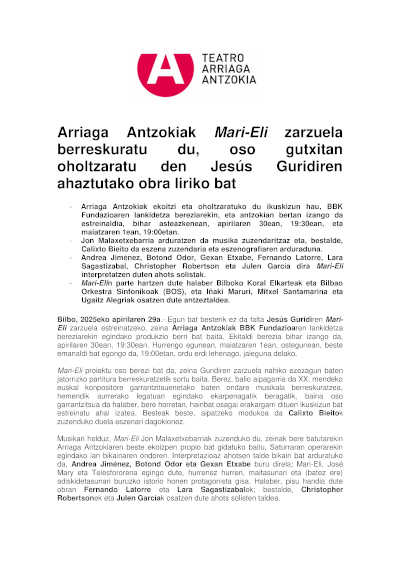 El Teatro Arriaga recupera la zarzuela Mari-Eli, una obra lírica de Jesús Guridi olvidada y apenas representada