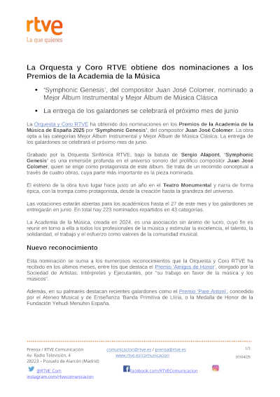 La Orquesta y Coro RTVE logra dos nominaciones en los Premios de la Academia de la Música, destacando su excelencia artística y reconocimiento profesional.