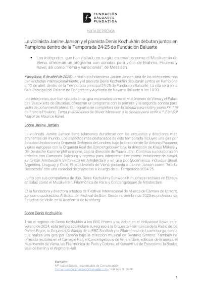 La violinista Janine Jansen y el pianista Denis Kozhukhin debutan en Pamplona en la Temporada 24-25 con un recital de alto nivel artístico.