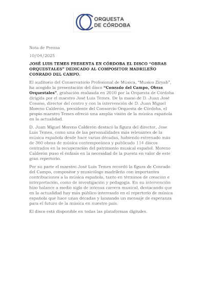 El maestro José Luis Temes presenta en Córdoba el disco *Obras Orquestales*, un homenaje a Conrado del Campo con destacadas composiciones sinfónicas. El maestro José Luis Temes presenta en Córdoba el disco *Obras Orquestales*, un homenaje a Conrado del Campo con destacadas composiciones sinfónicas.