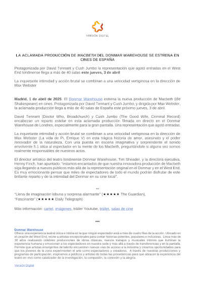 La aclamada producción de Macbeth del Donmar Warehouse llega por primera vez a los cines de España, ofreciendo una destacada interpretación teatral en pantalla grande.