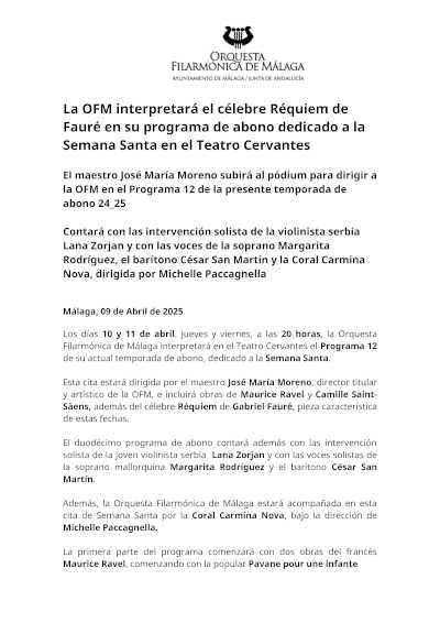 La OFM interpreta el Réquiem de Fauré en su ciclo de abono por Semana Santa en el Teatro Cervantes, una cita destacada del calendario musical.