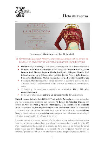 Programa doble en el Teatro de la Zarzuela con *El bateo* de Chueca y *La revoltosa* de Chapí, joyas del género chico en una cuidada producción escénica.