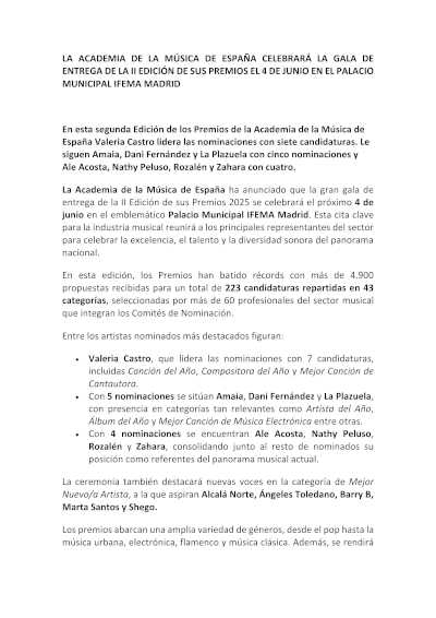 La Academia de la Música de España celebrará la Gala de Entrega de la II Edición de sus premios