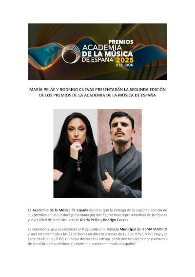 María Peláe y Rodrigo Cuevas presentarán la segunda edición de Los Premios de La Academia de la Música de España
