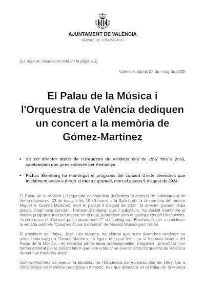 El Palau de la Música y la Orquesta de València dedican un concierto a la memoria de Gómez-Martínez