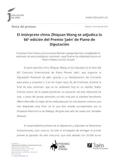 El intérprete chino Zhiquan Wang se adjudica la 66ª edición del Premio «Jaén» de Piano de Diputación